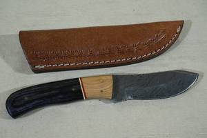 lot 236 image: Custom Made Damascus Style Steel Hunting Knife with Ebony and Locu Wood Handle