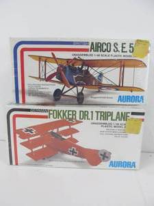 lot 42 image: Group of 2 AURORA Model Kits - German Fokker Dr.1 Triplane &amp British Airco S.E. 5A