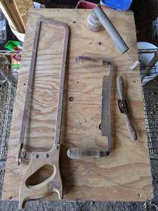 lot 96 image: Pair of Vintage Draw Knives, Meat Saw and More