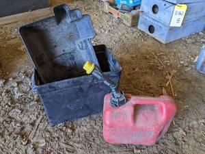 lot 111 image: Plastic Battery Box w Cover and 1 Gallon Fuel Can