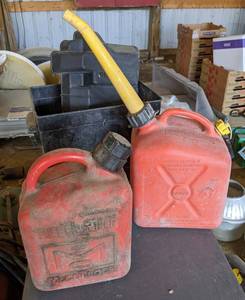 lot 121 image: Plastic Battery Box w Cover and (2) 1 Gallon Fuel Cans