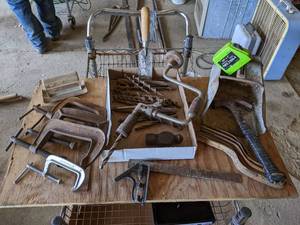 lot 15 image: Vintage Hand Drill, Twist Drill bits, C-Clamps, Feed Scoop, and More