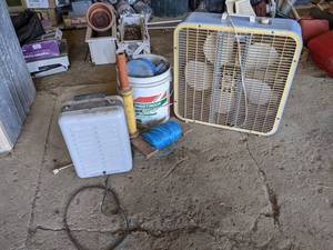 lot 127 image: Box Fan, Milkhouse Heater, Lennox Furnace Parts and Twine