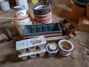 lot 145 image: Large Lot of Plastic, Metal, Ceramic and Terra Cotta Planters  Transplant Pots
