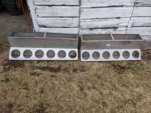 lot 168 image: Pair of Stainless Steel Chicken Feeders - Each is about 36 Long x 12 Deep x 12 Tall