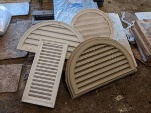 lot 202 image: Lot of (4) Assorted Gable Vents - 30 x 14, 32 x 20, 35 x 18 and 24 Round