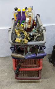 lot 233 image: Stackable Bins, Metal Sprinklers, Gardening Tools and Miracle Grow and More - Bins are 24 x 12 x 20