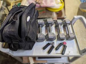 lot 234 image: Pair of 10# and 15# Steel Dumbbells and More