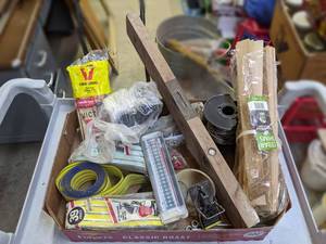lot 243 image: Vintage STANLEY Wood Level (24), Traps, Webbing, Thermometer and More
