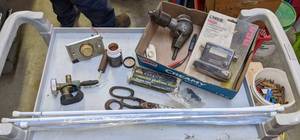 lot 245 image: Grips Rite Right Angle Drill Attachment, Sharpening Stone, Satellite Finder Meter, Curtain Rods and More
