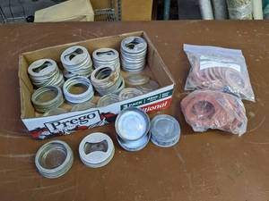 lot 250 image: Lot of Antique Glass Canning Jar Lids and Metal Tops - Ball, Atlas, Presto and More