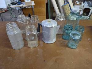 lot 256 image: 12 Gallon Blue Ball Mason Jar (2) Blue Ball Pint, (1) Blue Atlas and More