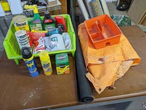 lot 272 image: Large Lot of Garden Chemicals, Partial Roll of Landscape Fabric, Tarp and Organizer Tray