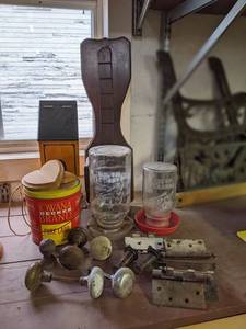 lot 287 image: Ball Jar Waterers, Vintage Lard Can, Antique Door Knobs and Hardware