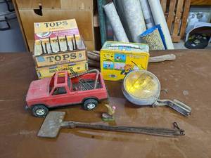 lot 298 image: Peanuts Metal Lunch Box, Cigar Boxes, Vintage Coatroom Hooks, Vintage Fog Light w Glass lens (6 Diameter), Forging Tool and Vintage GAY Toys Plastic Pickup Truck