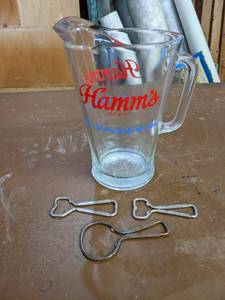 lot 299 image: Hamms Glass Beer Pitcher, (2) Hauenstein Beer Bottle Openers - New Ulm MN, and Bireleys Orangeade Bottle Opener