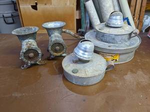 lot 302 image: Pair of Meat Grinders, Lamps and Humpty Dumpty Egg Washer Base - Emmetsburg IA