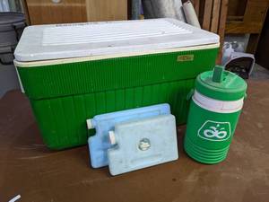 lot 306 image: Vintage Chest Cooler and Pioneer Seed Water Jug