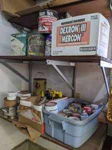 lot 310 image: Large Lot of Assorted Garage Chemicals, Empty Propane Cylinders, Paint, Stain and More - Take what you want leave the rest