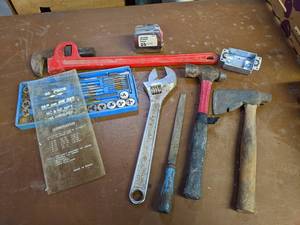 lot 313 image: Tap & Die Set, 18 Pipe Wrench, Adjustable Wrench  A Hammer