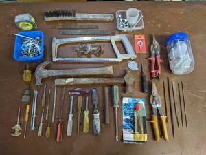 lot 317 image: Lot of Hand Tools, Chisel, Tin Snips, Tape Measure, Screwdrivers and More  A Hammer