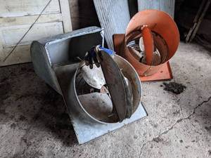 lot 368 image: (2) Fans with (1) Hood - Galvanized Fan measures 18 diameter, Orange Fan measures 16 diameter