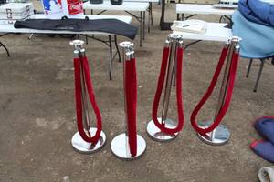 lot 15 image: Lot of (4) Red Fabric Rope Dividers with Metal Posts