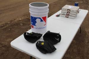 lot 14A image: (3) Left Handed Youth Leather Baseball Gloves, (1) MLB Bucket Seat
