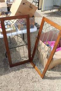lot 50 image: Vintage WoodGlass Cabinet Doors 78x19x40-58