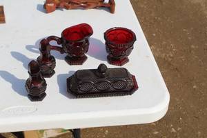 lot 80 image: Lot of (5) Red Stained Glass Table Set - Salt & Pepper Shakers, Butter Dish with Lid, Creamer, Candy Bowl