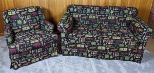 Fun Love Seat and Matching Arm Chair in Cabin Theme Fabric