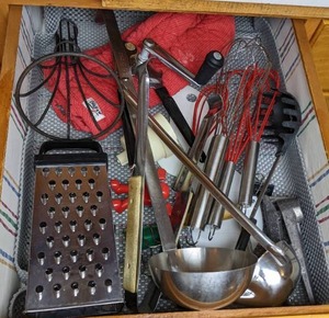 Various Kitchen Utensils Whisks, Grater, Ladle, Tongs, and More