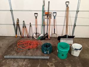 Miscellaneous Garage Items Yard tools, Buckets, Hose, Chicken Wire and More