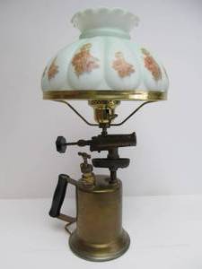 Antique Brass Blowtorch Table Lamp wGlass Shade
