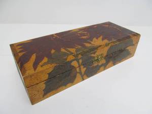 Antique circa 1920 Folk Art Pyrography Decorated Wood Box wVintage Hankies&nbsp