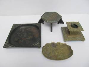 Vintage &amp Antique Oriental Brass Trays, Pedestal Stand &amp Inkwell