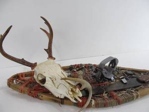 Awesome Old Hunting Lodge Wall Display - Snowshoe wOld Trap &amp Other Items
