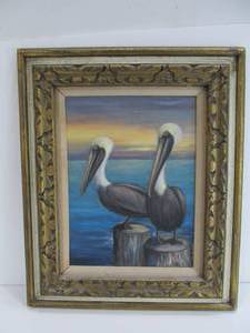 Framed Vintage Oil on Canvas Painting - Pelicans