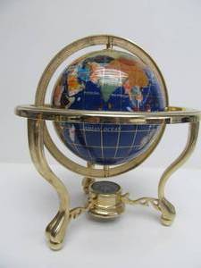 Gemstone Inlaid Glass World Globe wBrass Stand