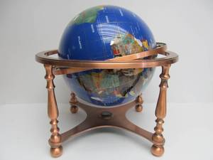 Large Gemstone Inlaid Glass World Globe wBrass Stand