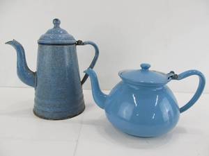 Vintage Blue Enamelware Coffee &amp Teapots
