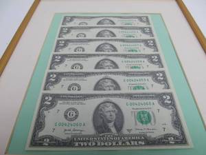 Framed Set of 6 Mint Condition $2 Bills - Consecutive Serial Numbers