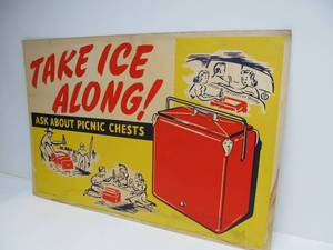 Vintage 1948 TAKE ICE ALONG Picnic Cooler Cardboard Advertising Sign
