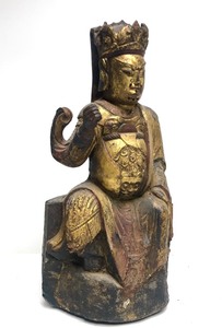 Early Antique Chinese Taoist Deity Polychrome Painted Wood Figural Statue