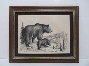 Bill Devine Alaska Mint Crystalline Custard Marble Grizzly Bear with Cub Etching