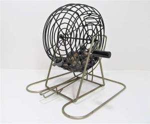 Vintage Wire Cage Rotating Bingo Wheel with Original Wooden Bingo Number Balls