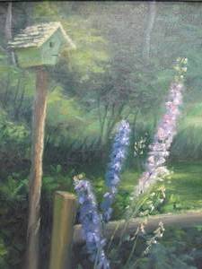 Original The Wren Garden Bird House Scenery Oil on Board Painting MN Artist Signed Brian Stewart