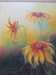 Original Mid Century Abstract Yellow Daisies Oil Painting Signed