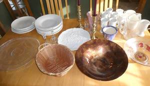 lot 15 image: Group of plates, serving plates and bowls and mugs, glass pitcher and candlesticks