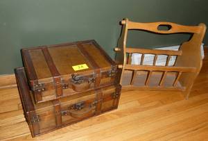 lot 24 image: 2 decorative luggage boxes and magazine rack